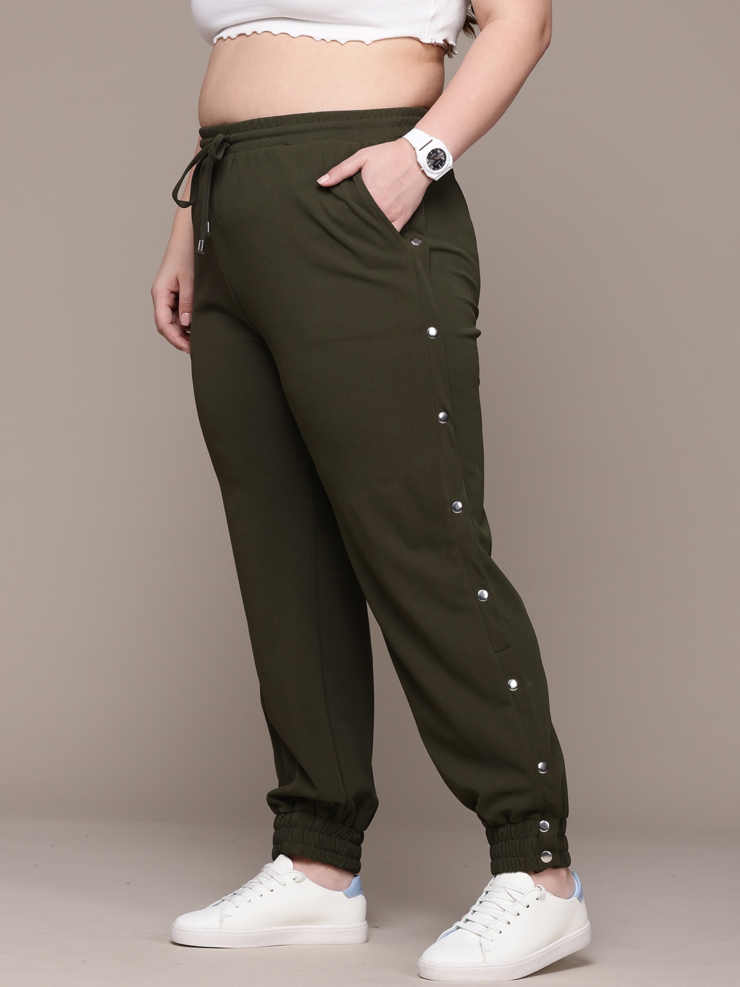 

The Roadster Lifestyle Co. Women Plus Size Button Slit Joggers, Olive