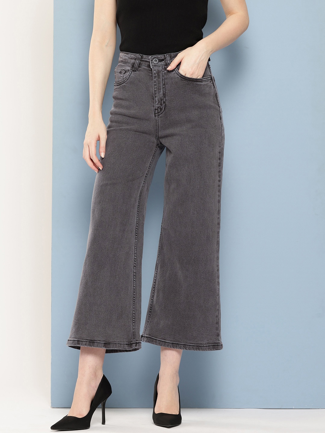 

Chemistry Women Stretchable High-Rise Wide Leg Jeans, Charcoal