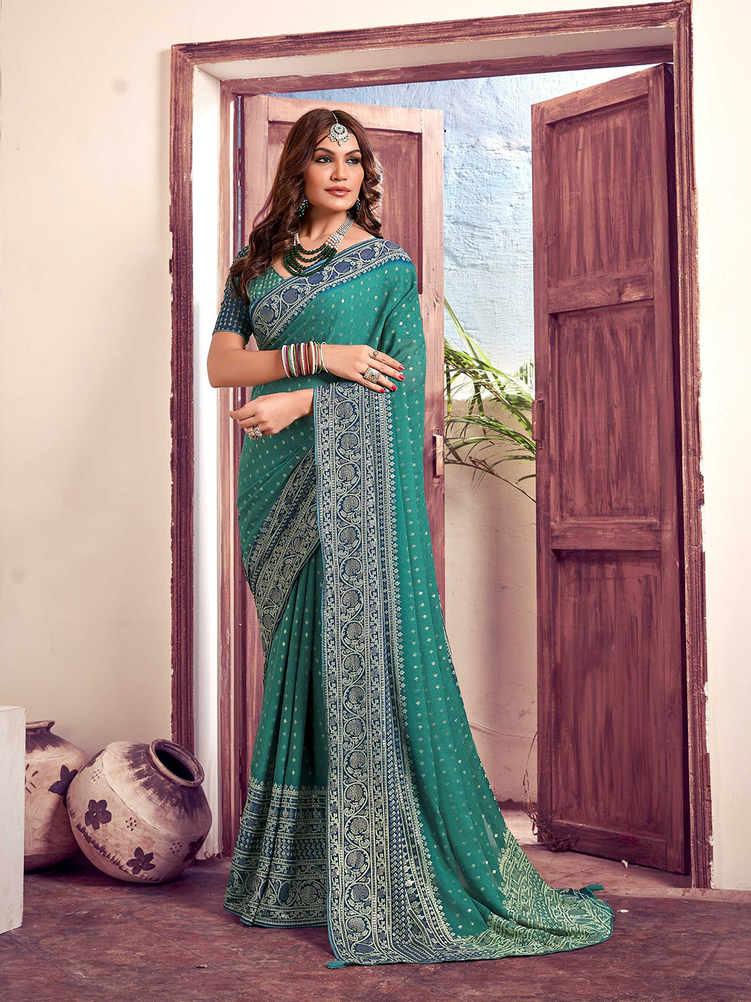 

Mitera Ethnic Motifs Woven Design Embroidered Saree, Teal