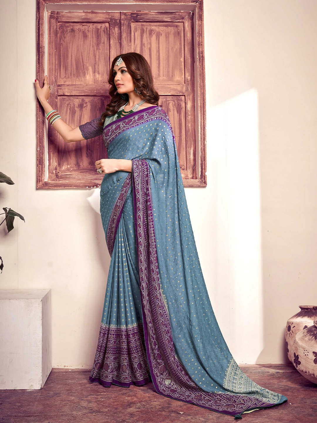 

Mitera Ethnic Motifs Woven Design Saree, Grey