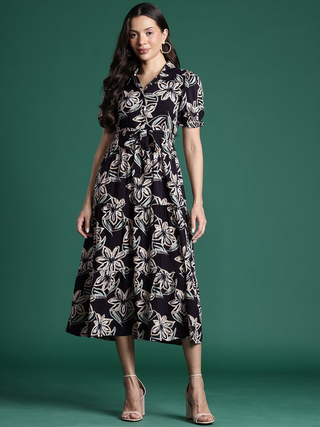 

DressBerry Floral Print Belted Tiered Shirt Midi Dress, Black