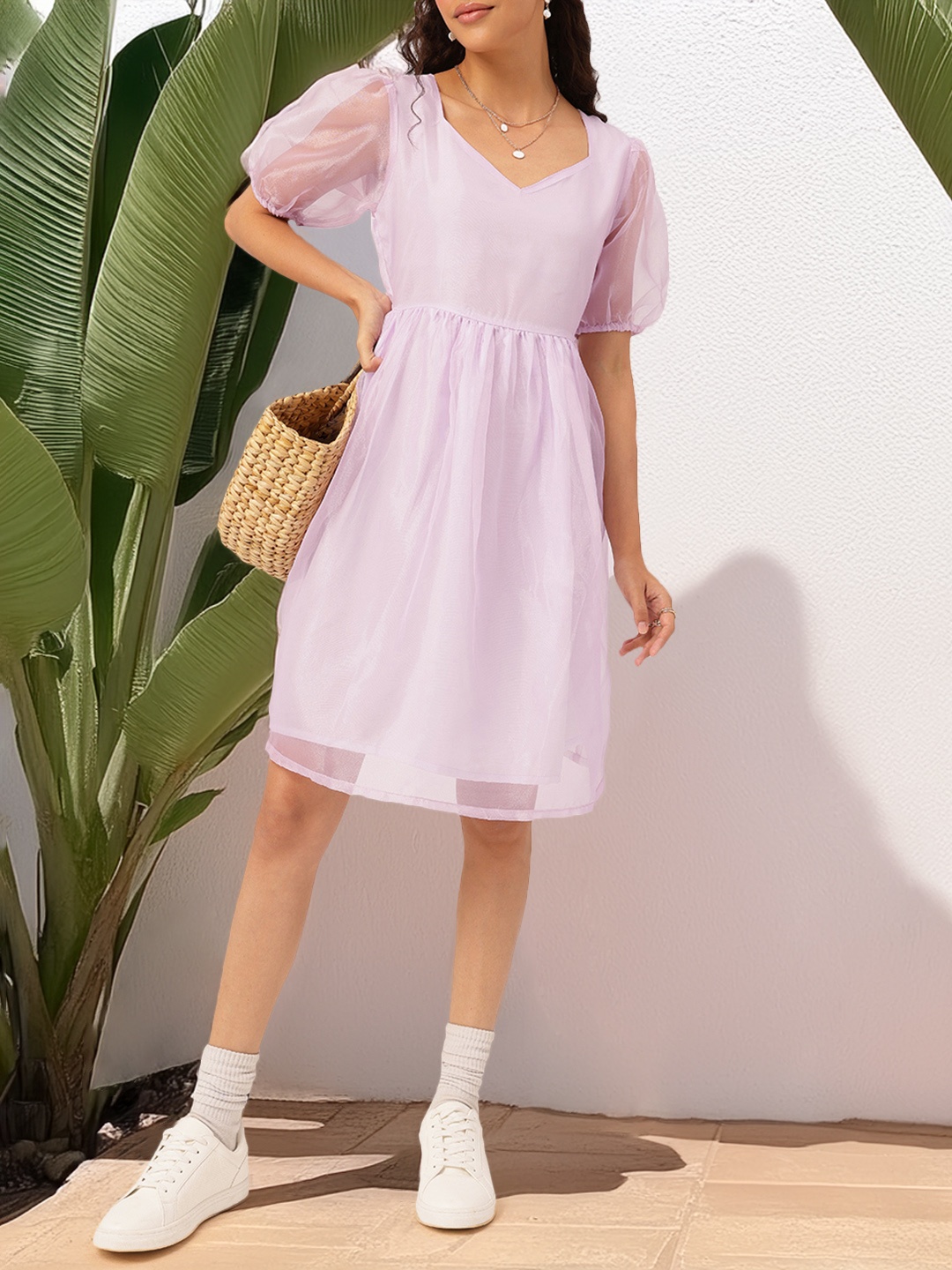 

DressBerry Fairycore Finds Puff Sleeve Net Fit & Flare Dress, Lavender