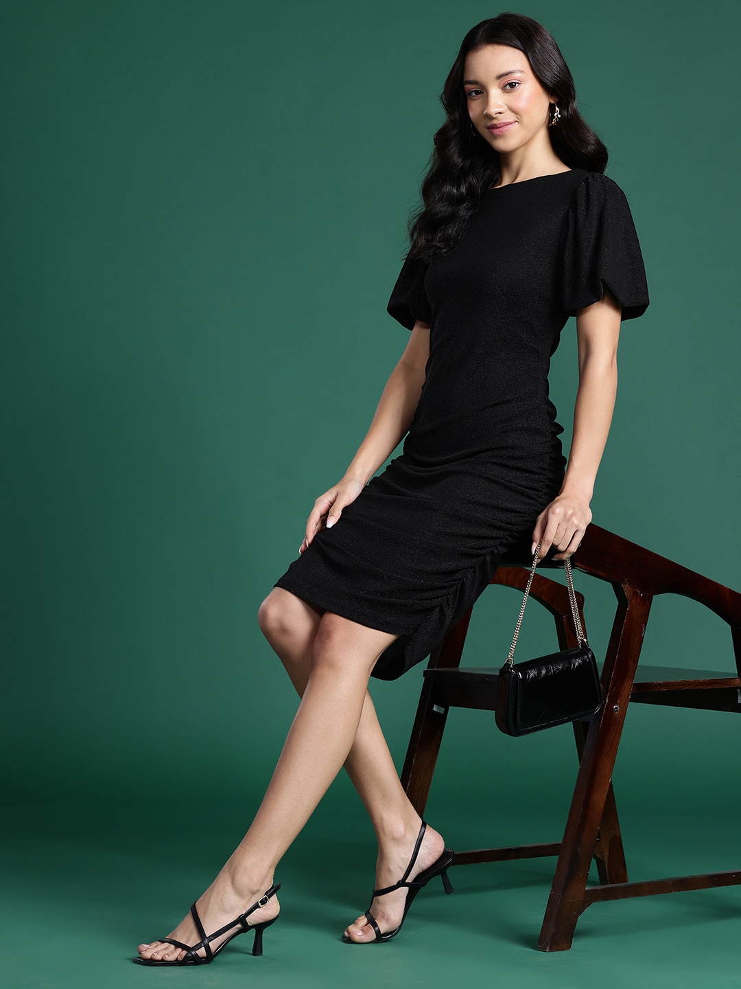 

DressBerry Shimmer Finish Ruched Detail Puff Sleeve Mini Dress, Black