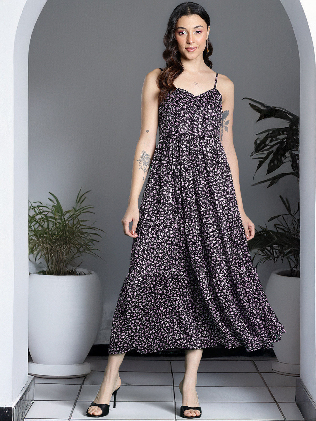 

DressBerry Floral Print Fit & Flare Maxi Dress, Black