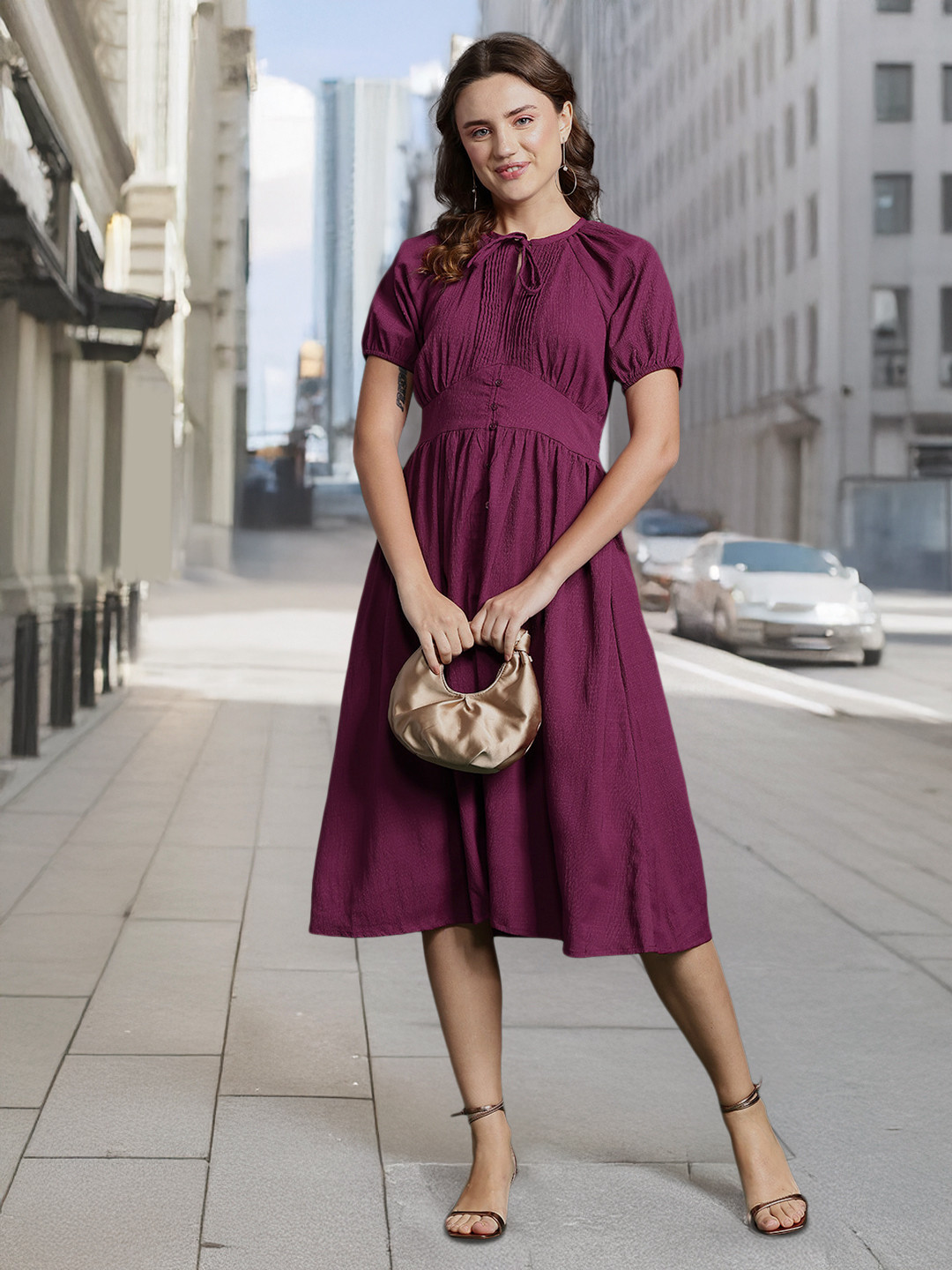 

DressBerry Tie-Up Neck Puff Sleeve Fit & Flare Dress, Purple
