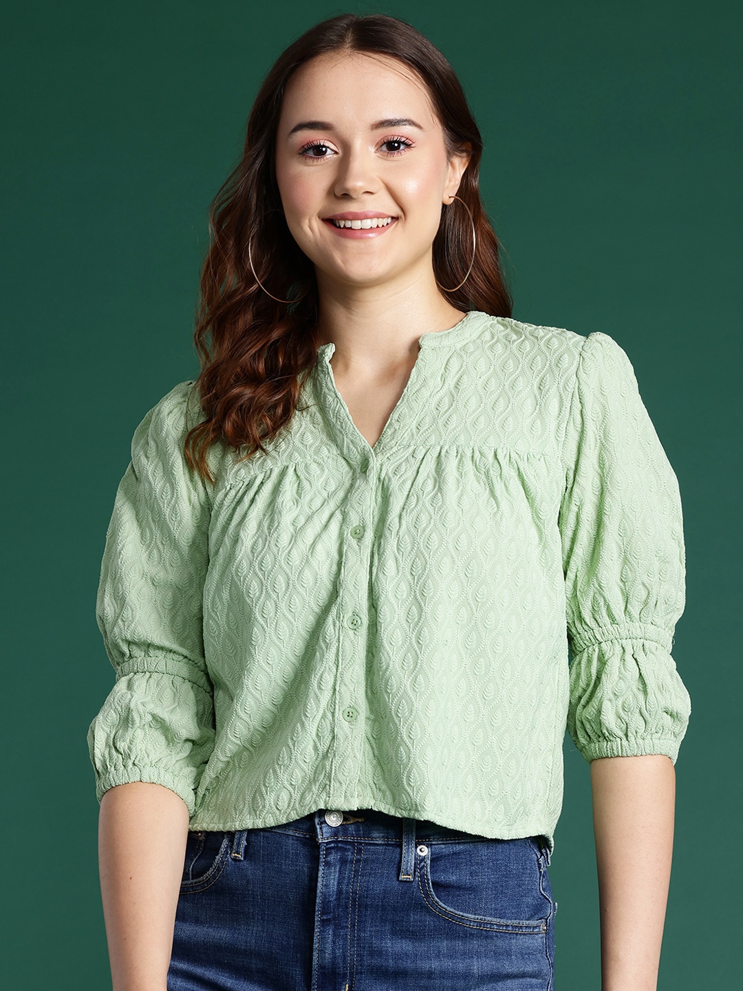 

DressBerry Self-Design Cotton Shirt Style Top, Green