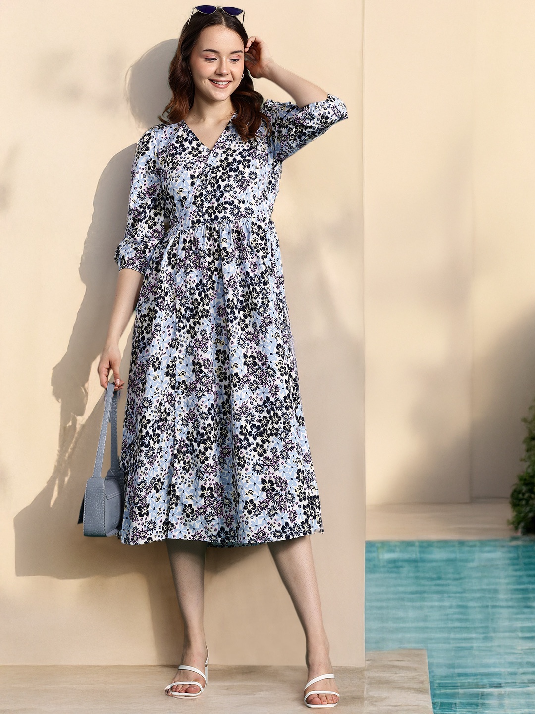 

DressBerry Floral Print Puff Sleeve Fit & Flare Midi Dress, Blue