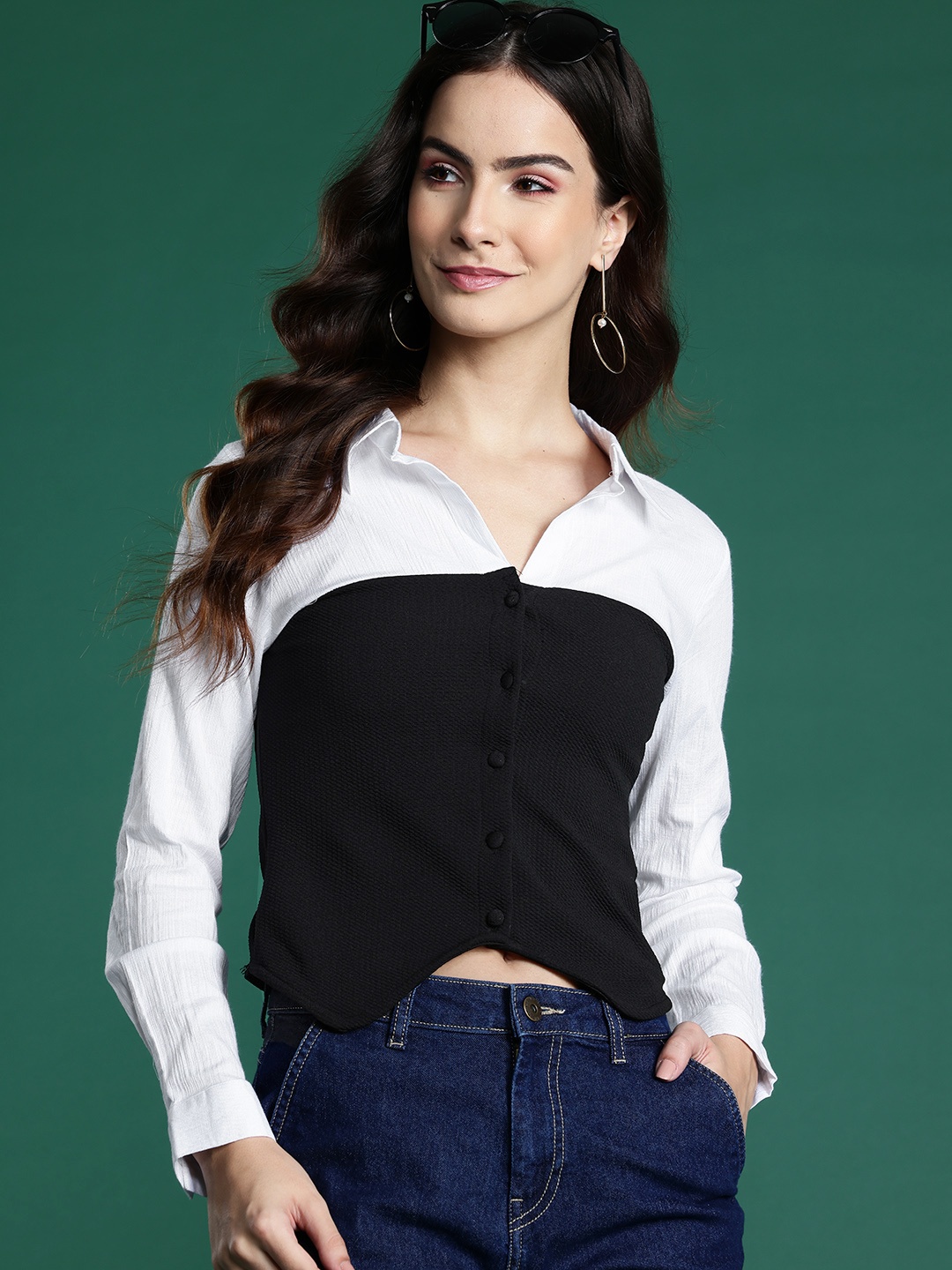 

DressBerry Colourblocked Shirt Style Top, Black