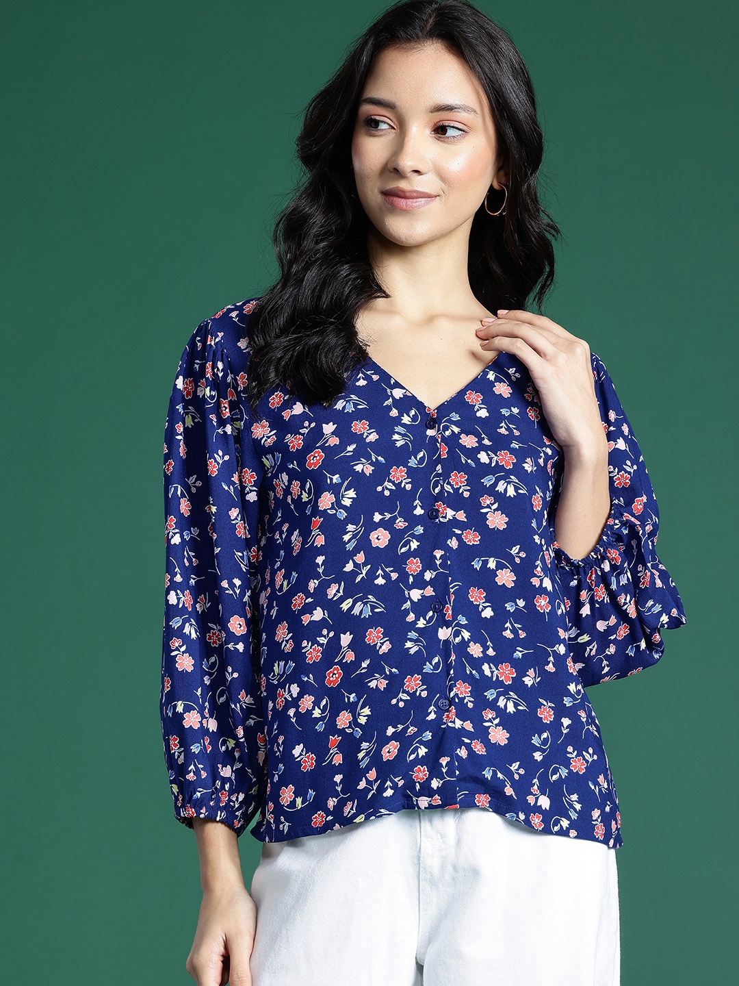 

DressBerry Floral Print Puff Sleeves Top, Navy blue