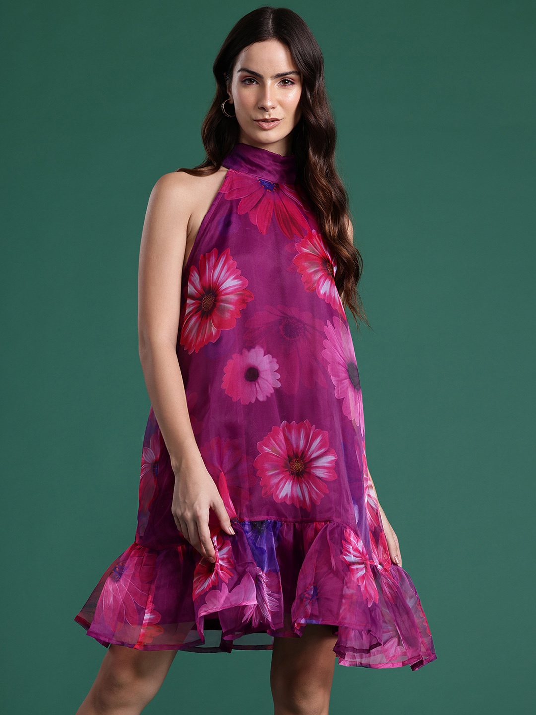 

DressBerry Floral Print Halter Neck A-Line Mini Dress, Magenta