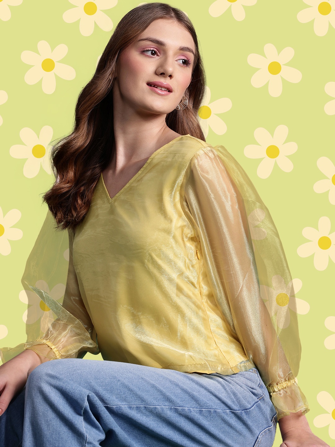 

DressBerry Glam Puff Sleeve Net Top, Yellow