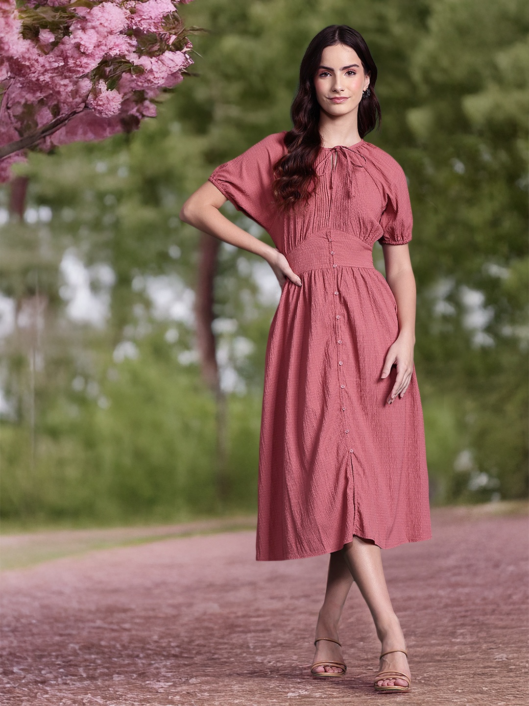 

DressBerry Tie-Up Neck Textured Gathered Detail A-Line Midi Dress, Pink