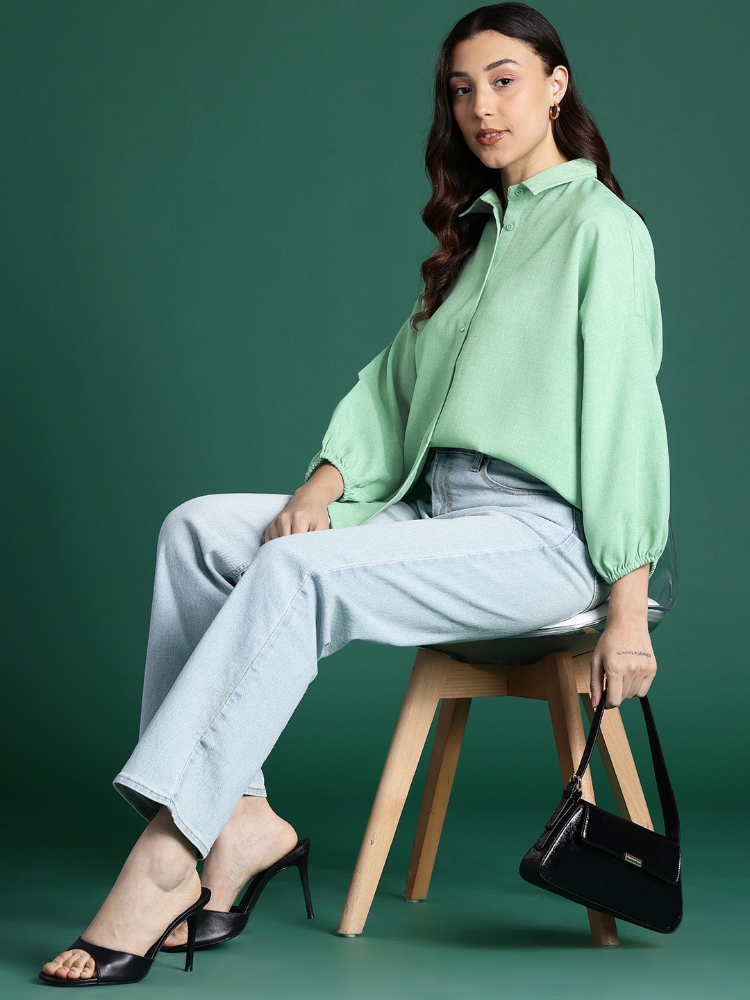 

DressBerry Pure Cotton Drop-Shoulder Sleeve Shirt, Green