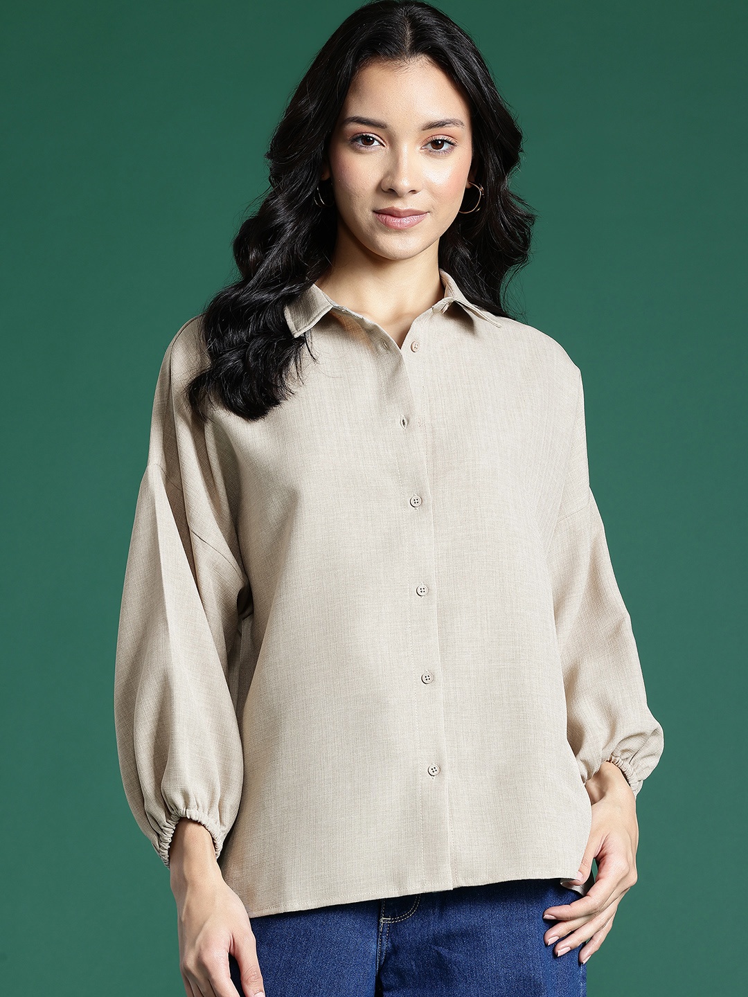 

DressBerry Drop Shoulder Sleeve Pure Cotton Shirt, Beige