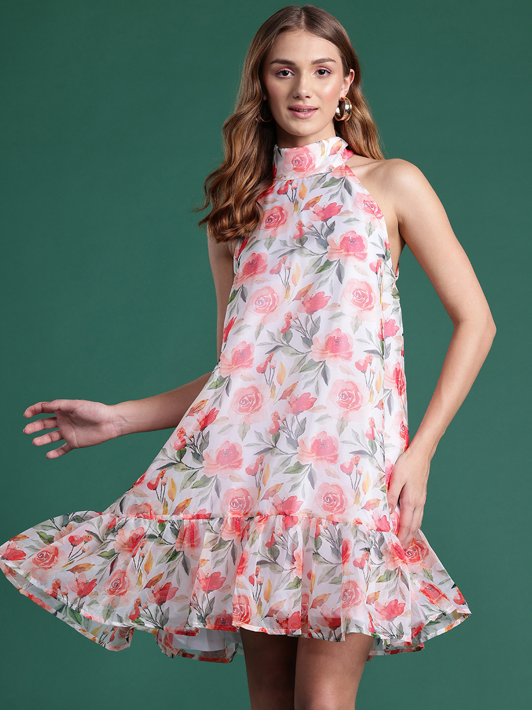 

DressBerry Floral Print Halter Neck A-Line Mini Dress, White