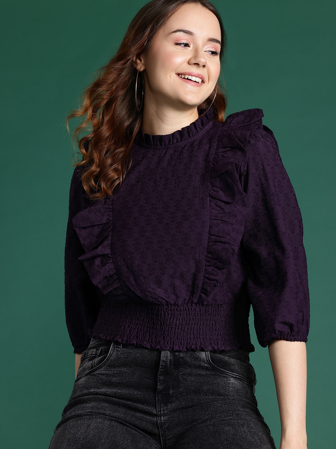 

DressBerry Self-Design Ruffled Blouson Top, Purple