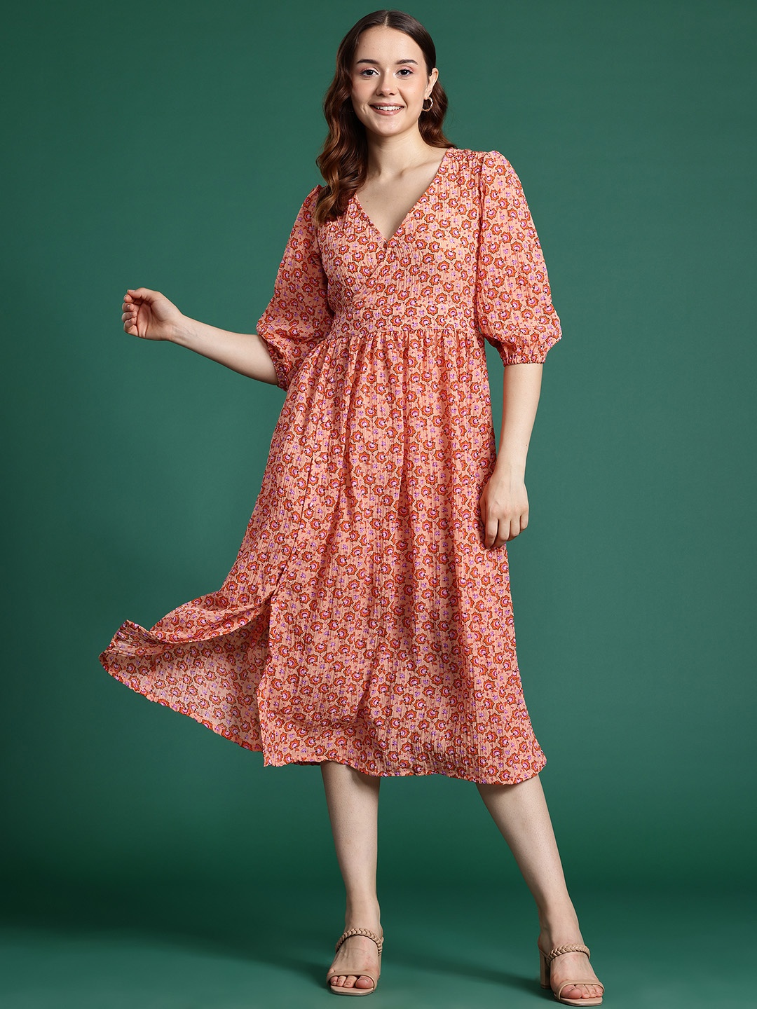

DressBerry Floral Print Puff Sleeve Midi Dress, Peach