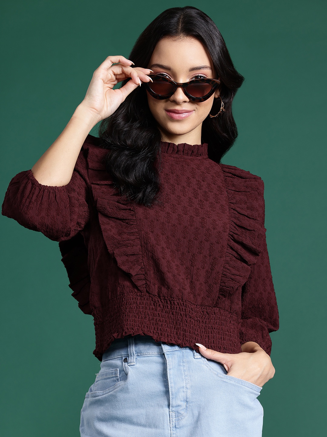 

DressBerry Self-Design Ruffles Smocked Cinched Waist Top, Maroon