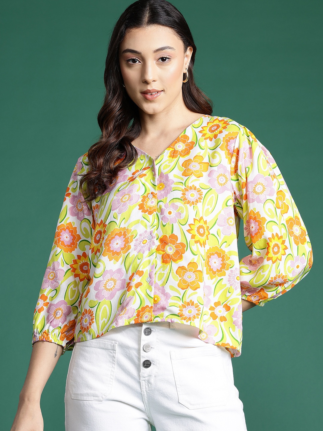 

DressBerry Floral Print Shirt Style Top, Orange