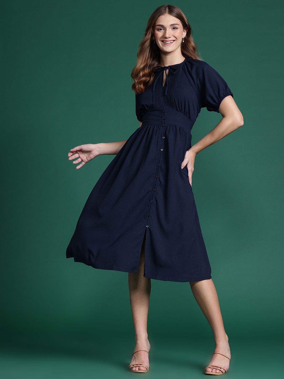 

DressBerry Textured Tie-Up Neck Empire Midi Dress, Navy blue