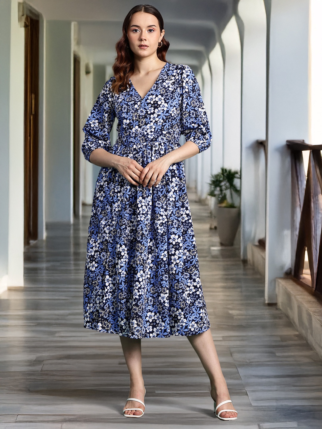 

DressBerry Floral Print Puff Sleeve Midi Dress, Blue