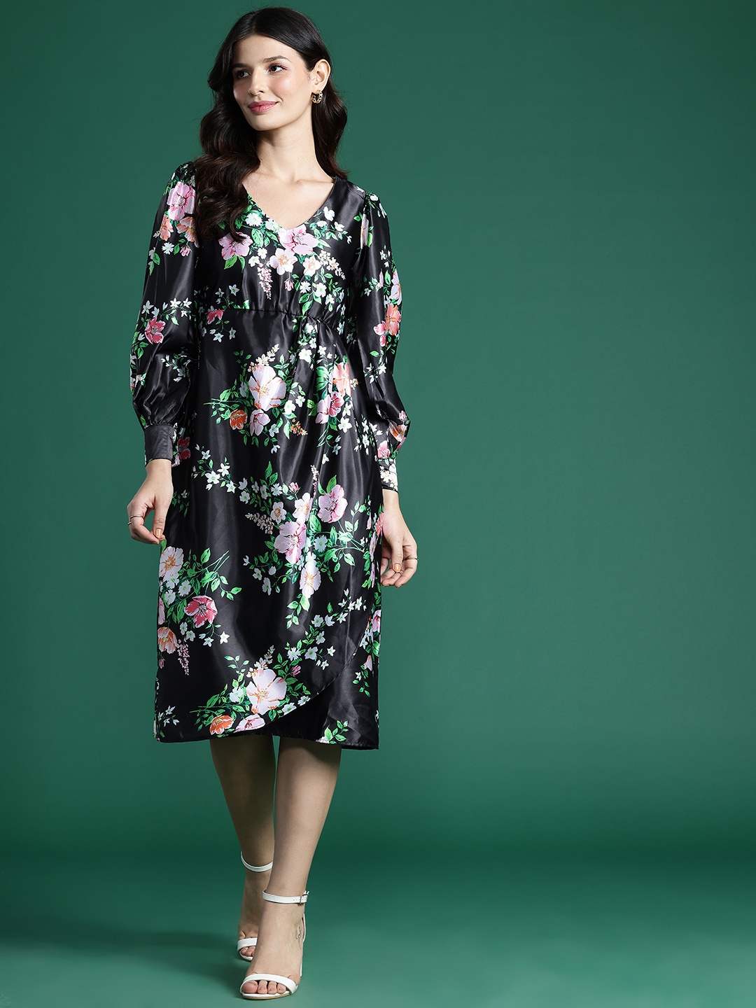 

DressBerry Floral Print Satin-Finish A-Line Midi Dress, Black