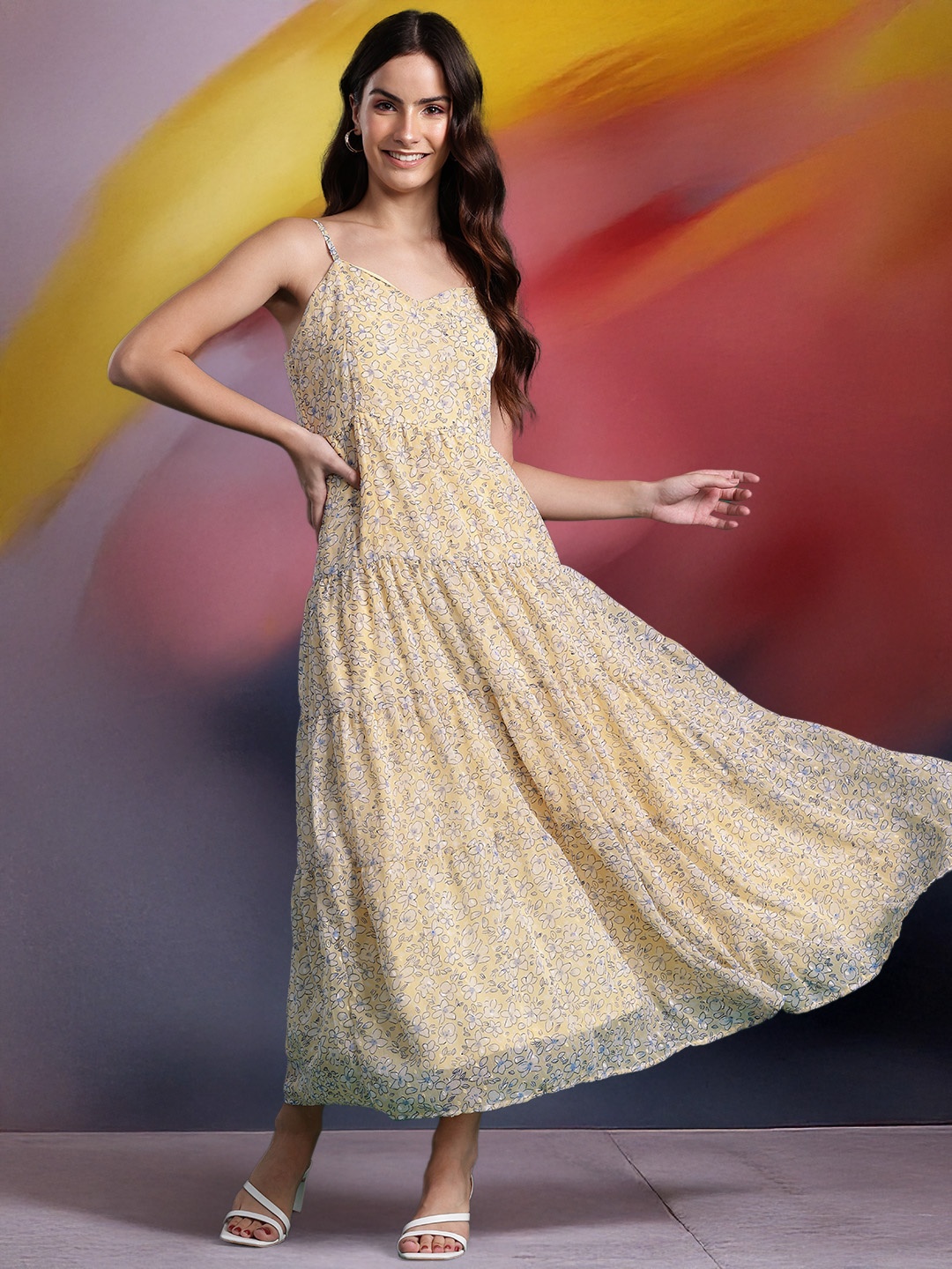 

DressBerry Floral Print Tiered A-Line Maxi Dress, Yellow