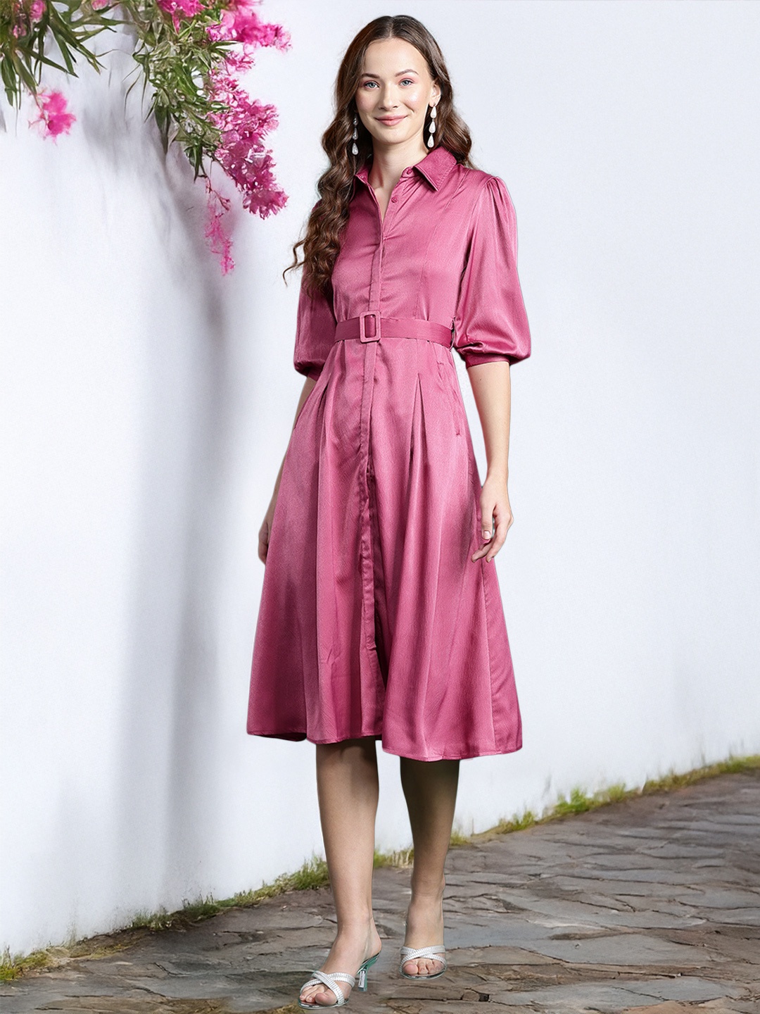 

DressBerry Bizwear Puff Sleeve Satin Shirt Dress, Pink