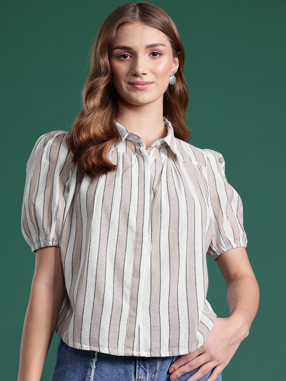 

DressBerry Basics Pure Cotton Opaque Striped Casual Shirt, Beige