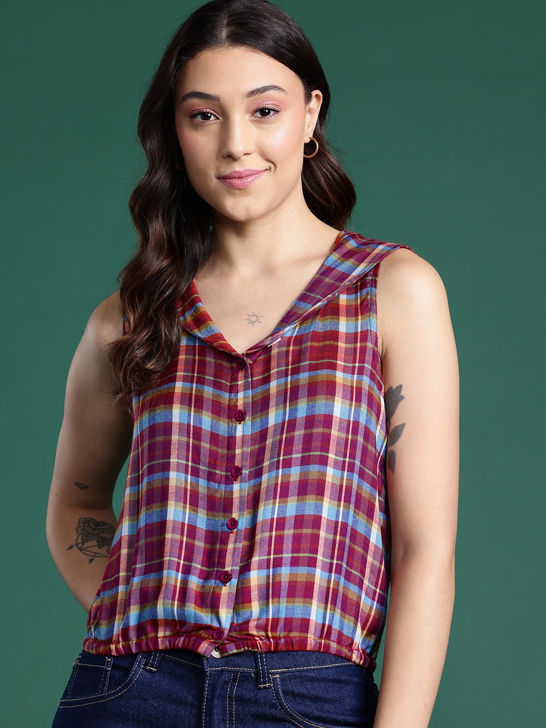 

DressBerry Checked Layered Top, Maroon