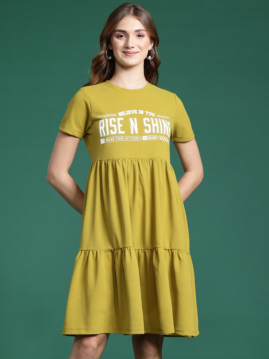 

DressBerry Typography Print Fit & Flare Dress, Lime green