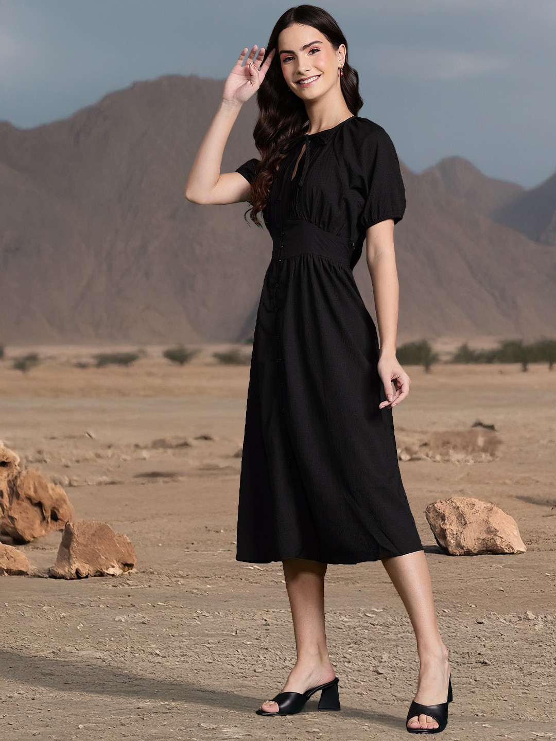 

DressBerry Textured Tie-Up Neck Empire Midi Dress, Black