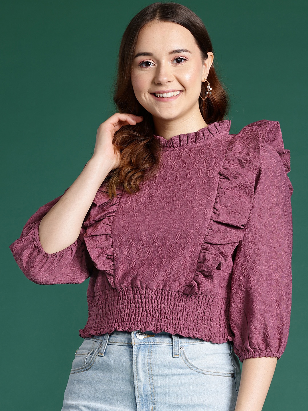 

DressBerry Puff Sleeves Ruffled Blouson Top, Mauve