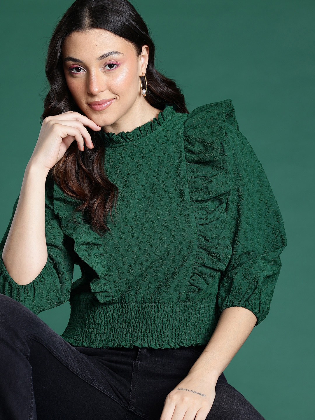 

DressBerry Self Design Ruffles Blouson Top, Green