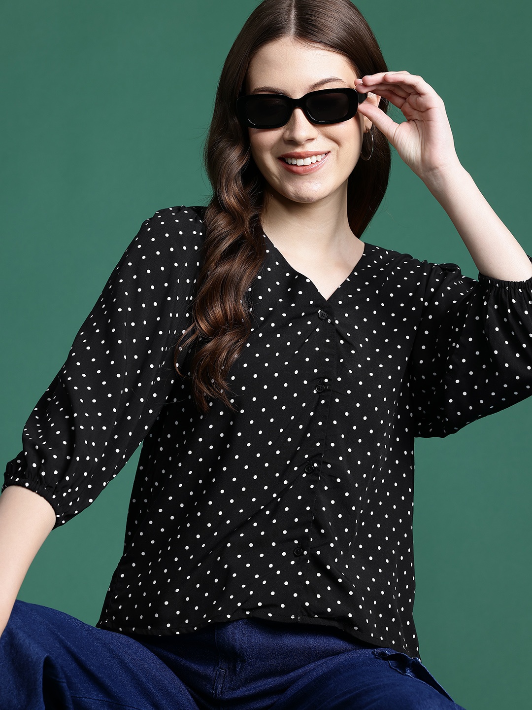 

DressBerry Bizwear Polka Dots Puff Sleeve Top, Black