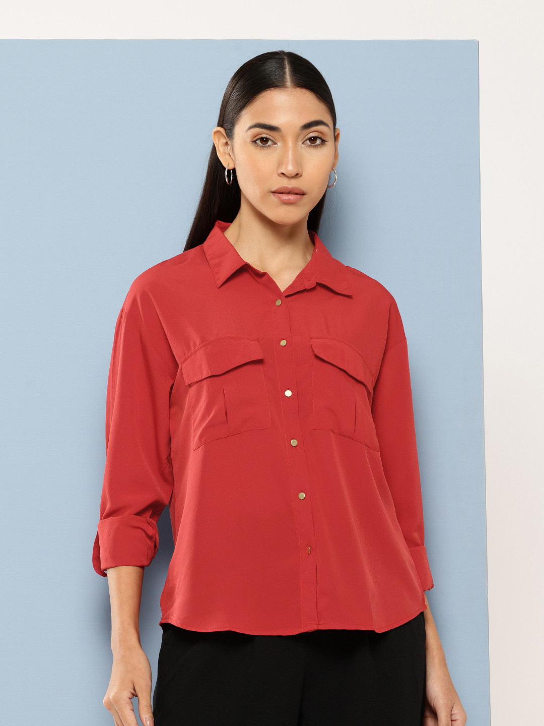 

Chemistry Roll-Up Sleeves Flat Pockets Casual Shirt, Red