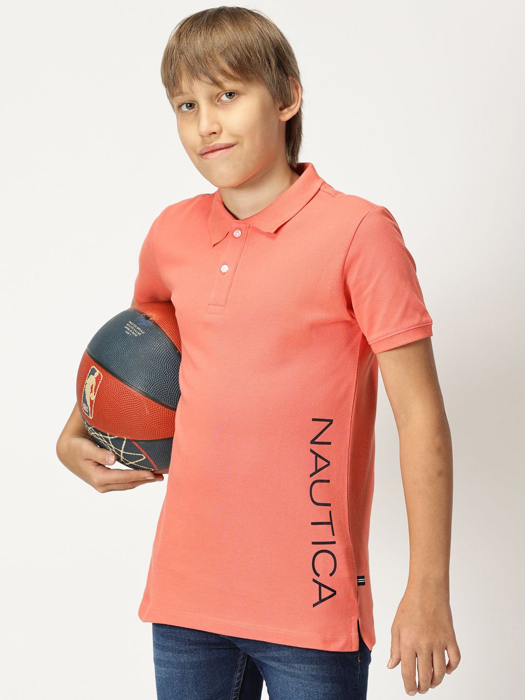 

Nautica Boys Polo Collar Typography Printed T-shirt, Coral