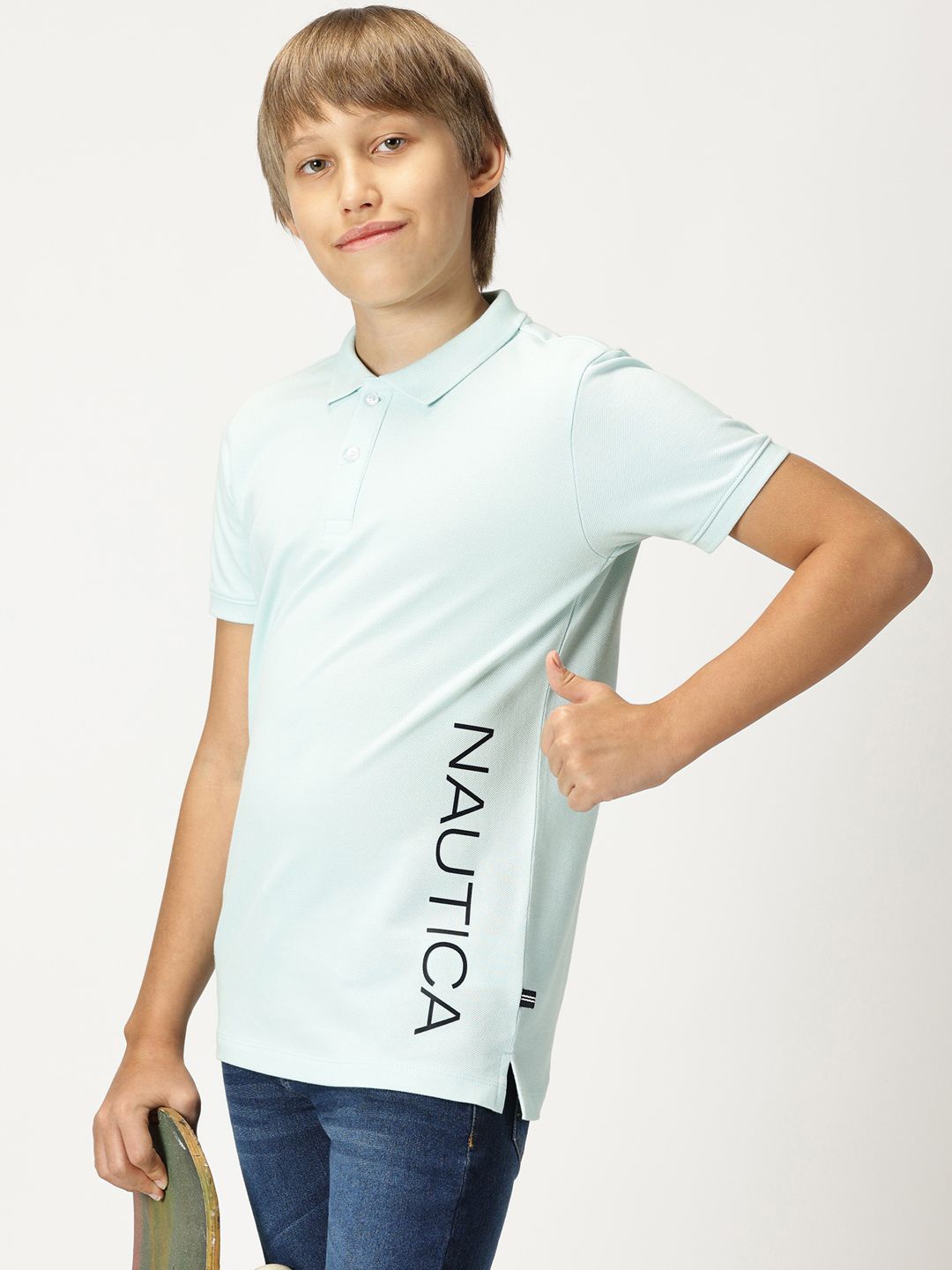 Nautica Boys Polo Collar Typography Printed T-shirt, Blue