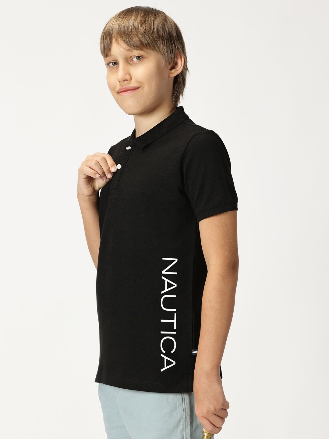 Nautica Boys Polo Collar Typography Printed T-shirt, Black