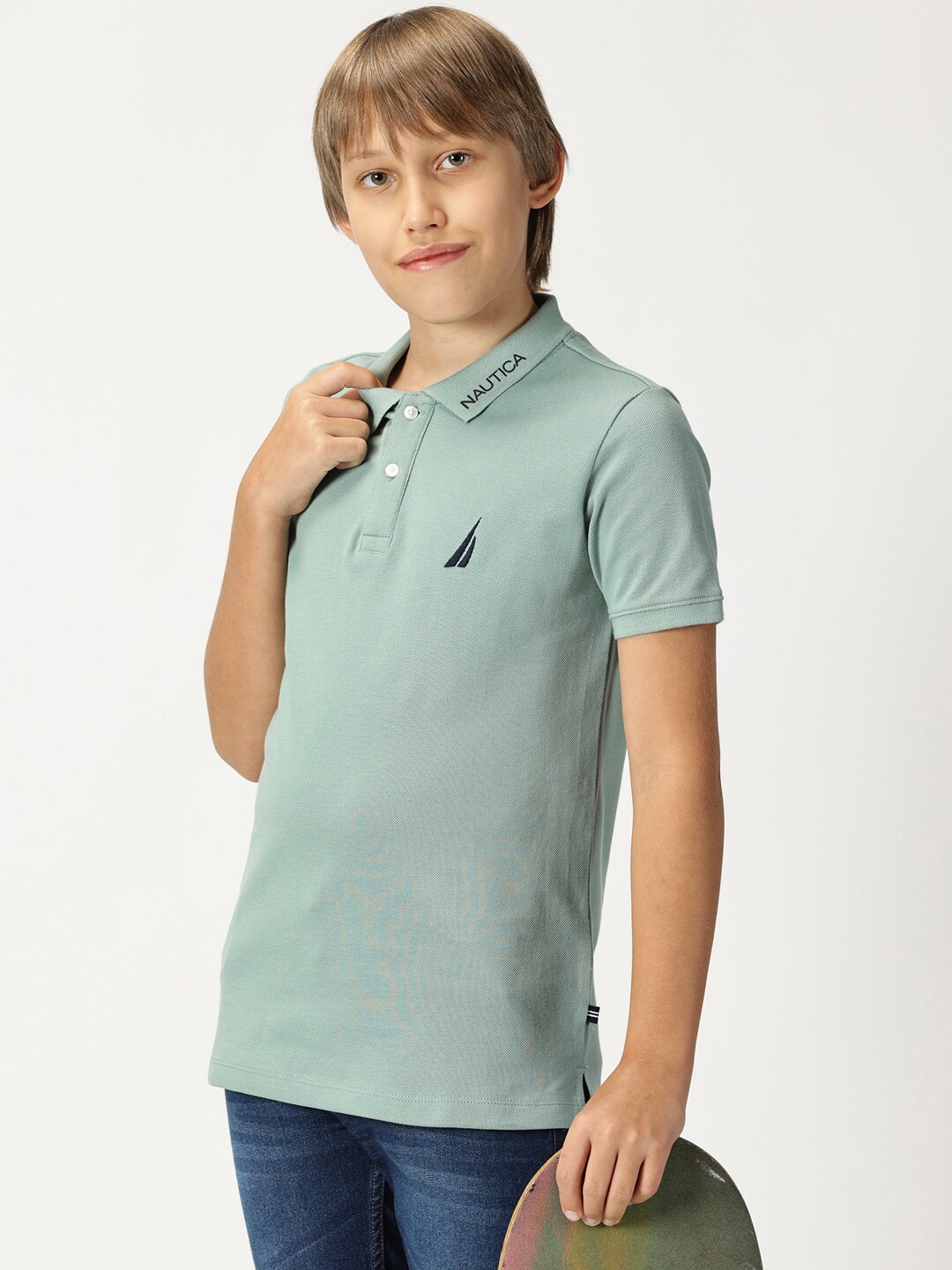 

Nautica Boys Polo Collar Brand Logo Embroidered T-shirt, Sea green