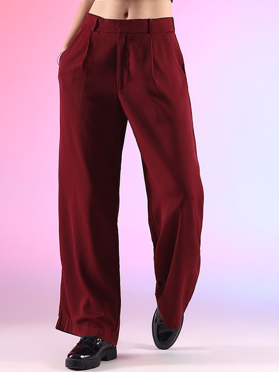 

BAESD Women Smart High-Rise Easy Wash Pleated Trousers, Maroon