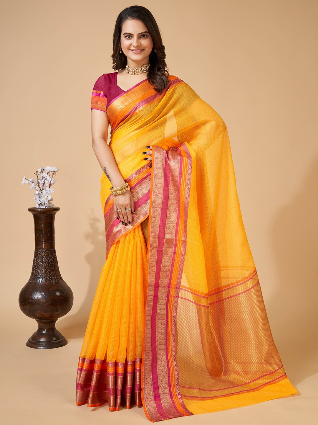 

bansari textiles Woven Design Checked Zari Banarasi Saree, Yellow