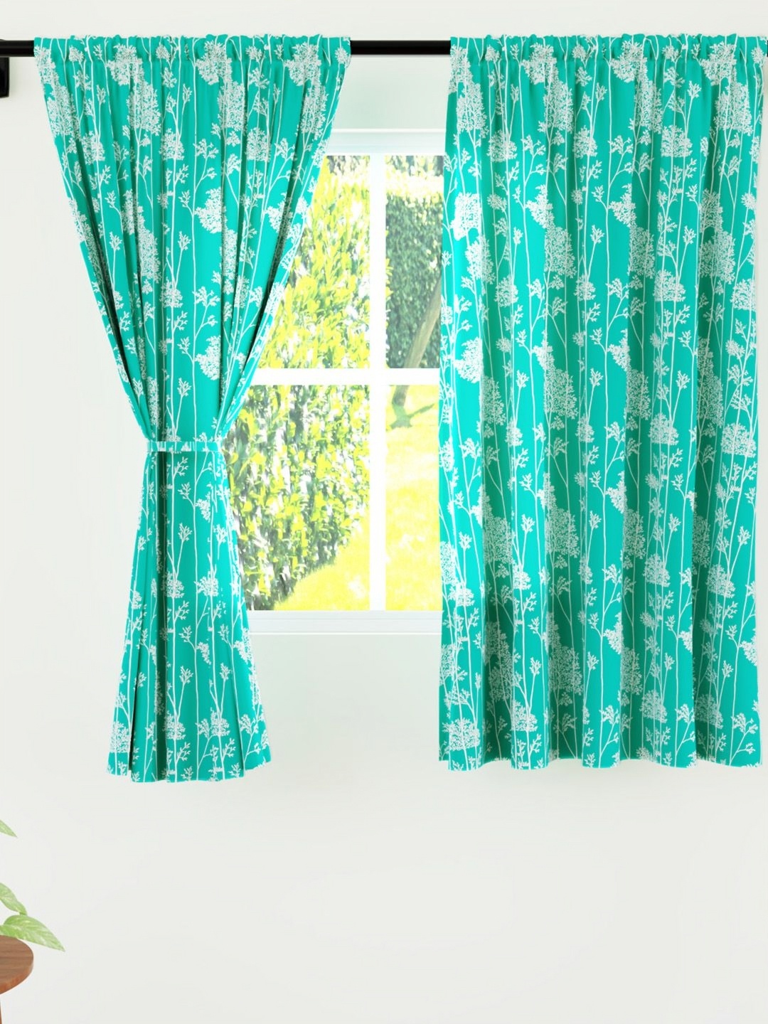 

Encasa Homes Teal & White 2 Pieces Floral Sheer Window Curtains