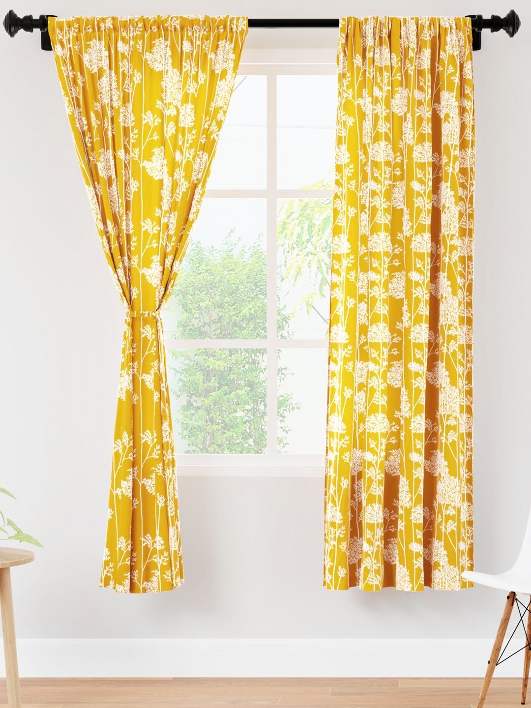 

Encasa Homes Yellow & White 2 Pieces Floral Sheer Window Curtains