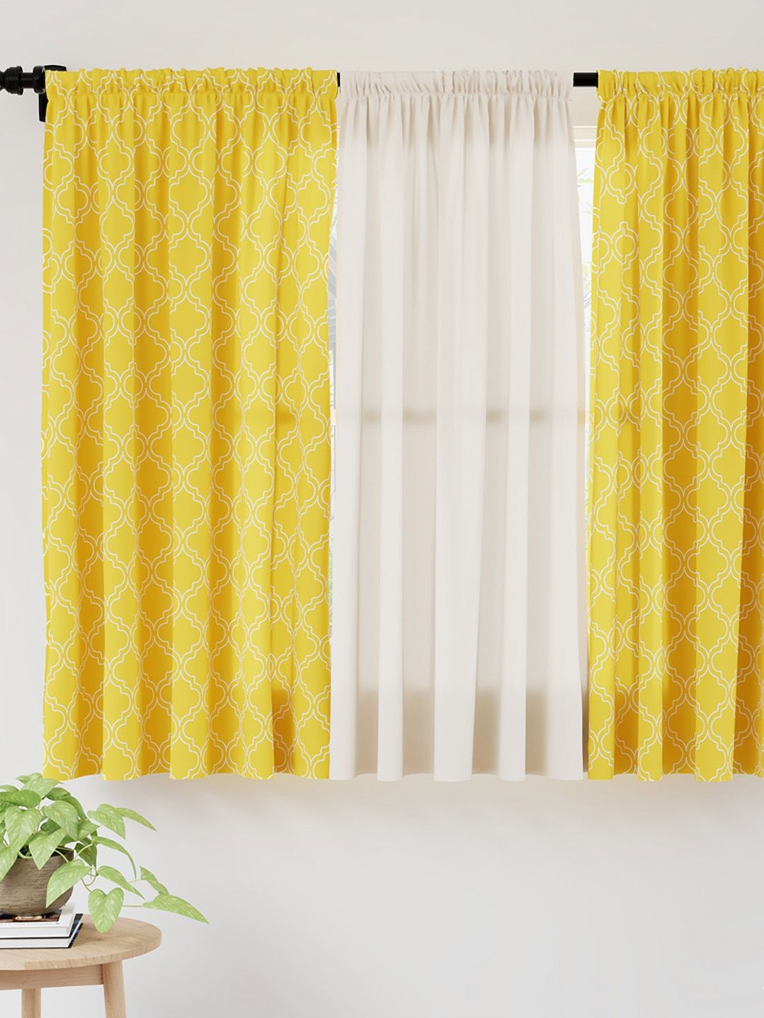 

Encasa Homes Yellow & White 3 Pieces Geometric Sheer Window Curtains