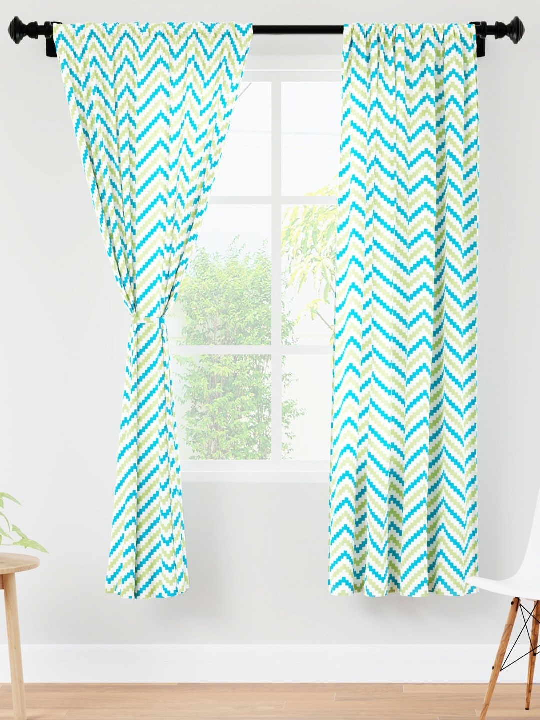 

Encasa Homes Green & White 2 Pieces Chevron Sheer Window Curtains