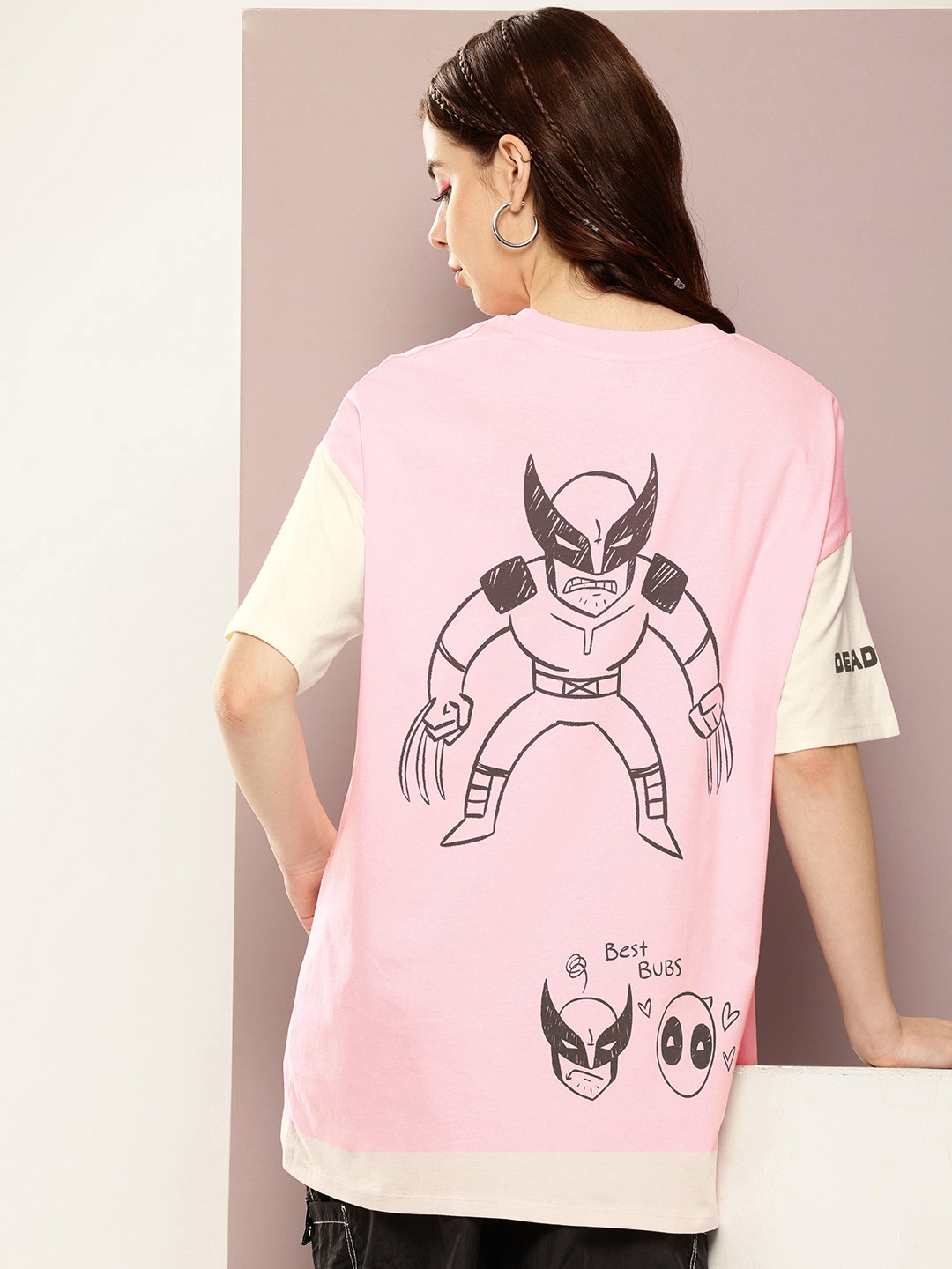 

Kook N Keech Marvel Deadpool Printed Drop-Shoulder Sleeves Oversized T-shirt, Pink