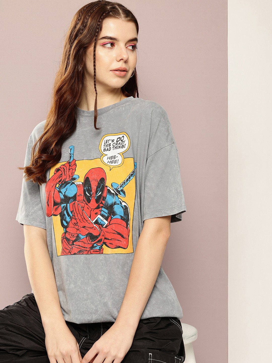 

Kook N Keech Marvel Deadpool Printed Drop-Shoulder Sleeves Oversized T-shirt, Grey