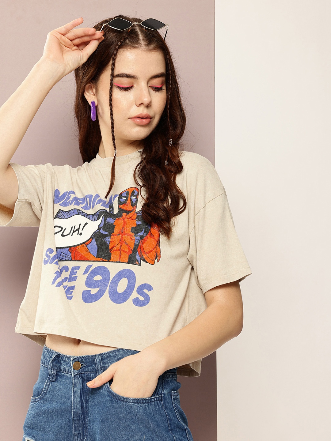 

Kook N Keech Marvel Deadpool Printed Drop-Shoulder Sleeves Boxy Crop T-shirt, Cream