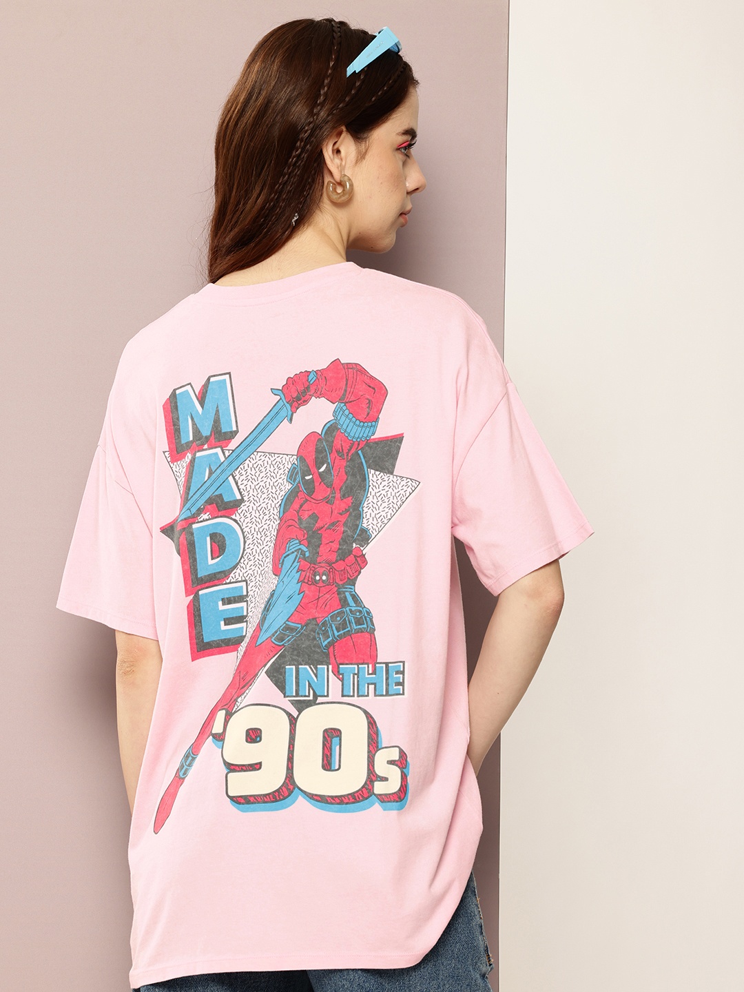 

Kook N Keech Marvel Deadpool Printed Drop-Shoulder Sleeves Oversized T-shirt, Pink